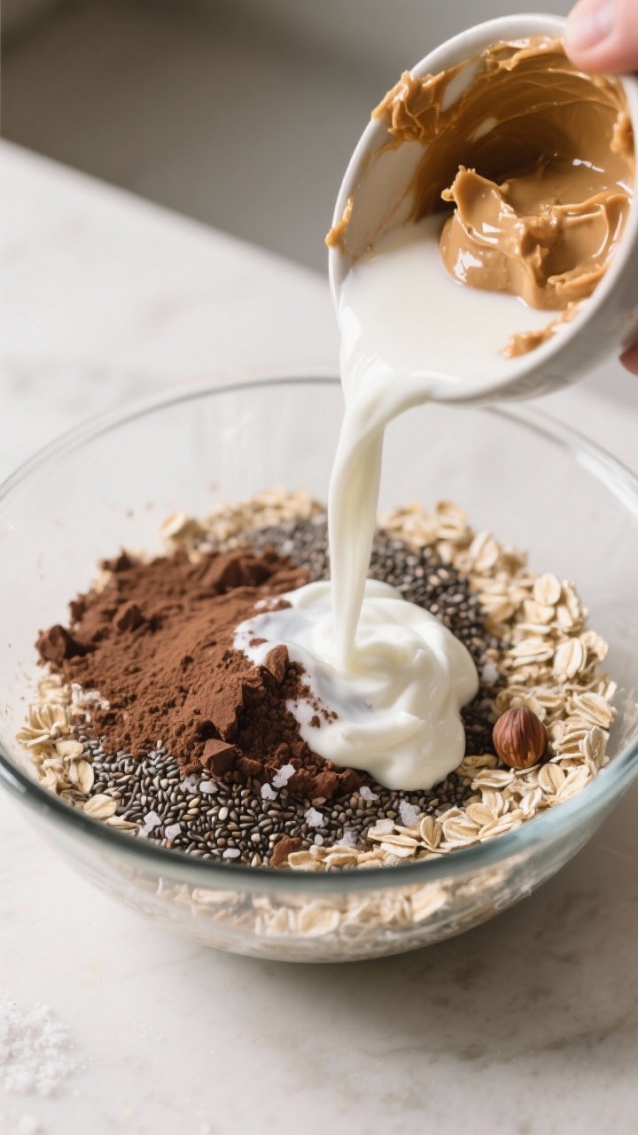 Cooking process: The combined wet mixture being poured into the dry base in a glass mixing bowl—oa