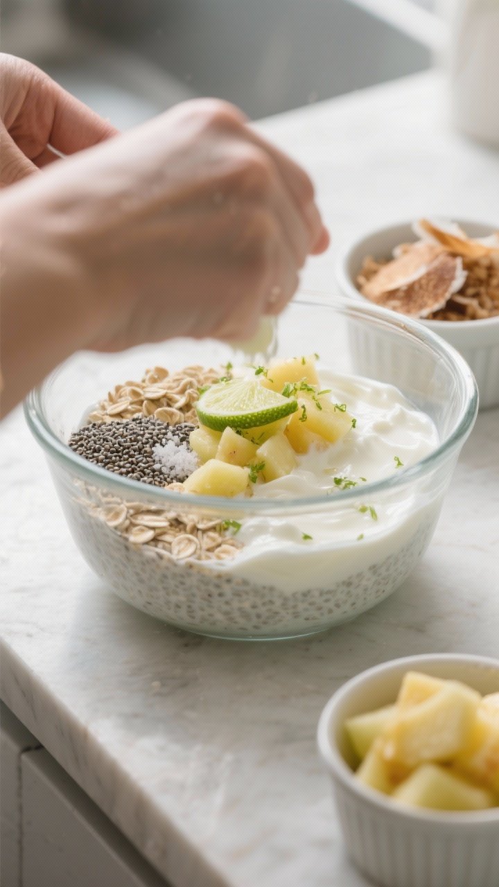 Cooking process: The “mix the base” step captured mid-action (no hands visible): oats, chia, coc