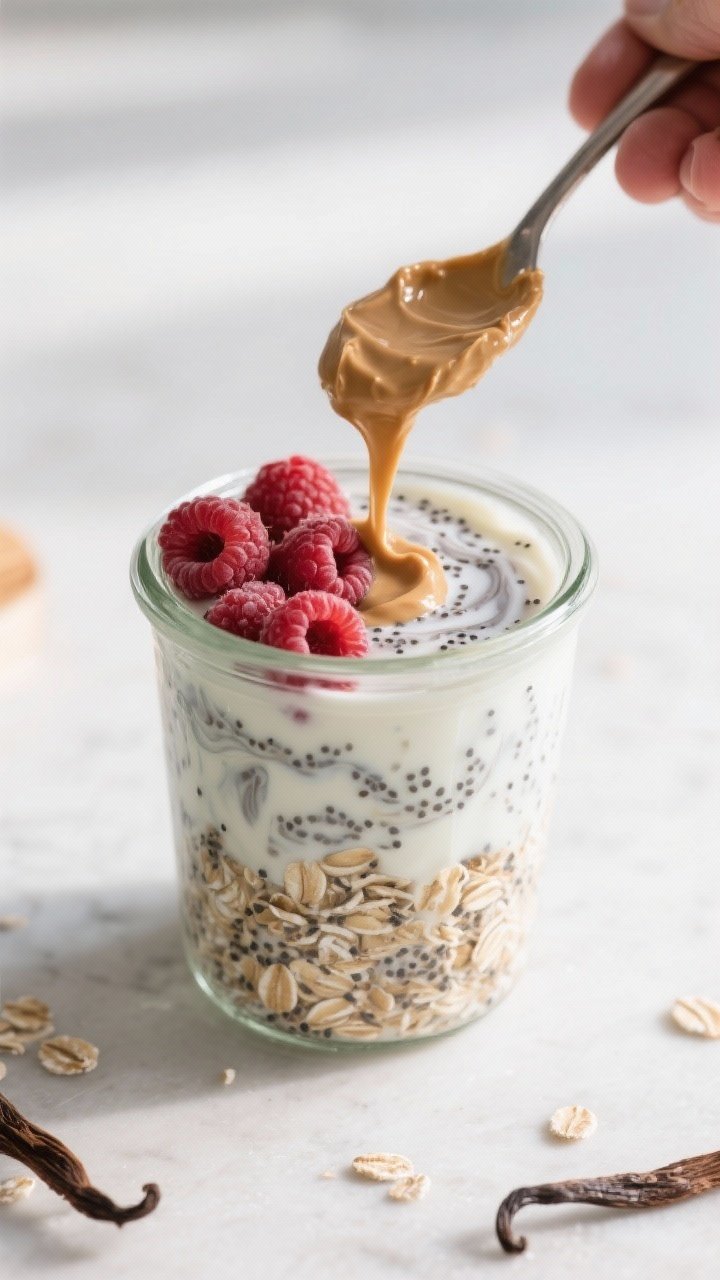 Cooking process: The mixture being assembled in a clear jar—rolled oats and chia already in, milk,