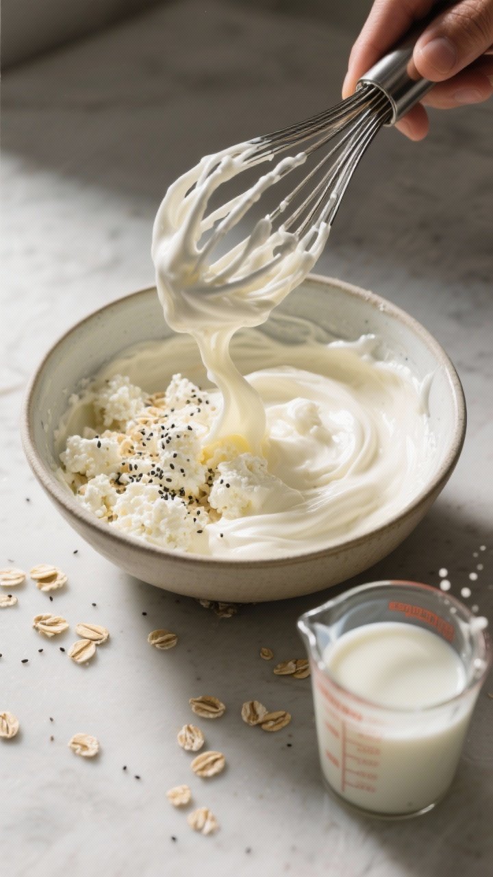 Cooking process: The mixture being whisked smooth in a medium bowl—cottage cheese and Greek yogurt