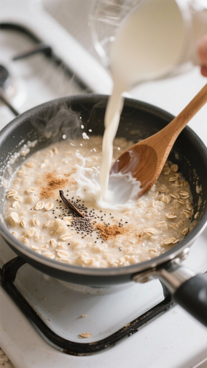 Cooking process: The oatmeal mid-simmer in a small nonstick saucepan, showing the oats and chia thic