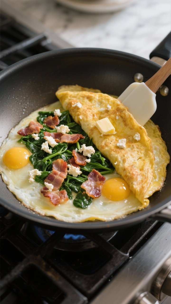 Cooking process: The omelette during the “add the fillings” stage in a nonstick pan—eggs mostl