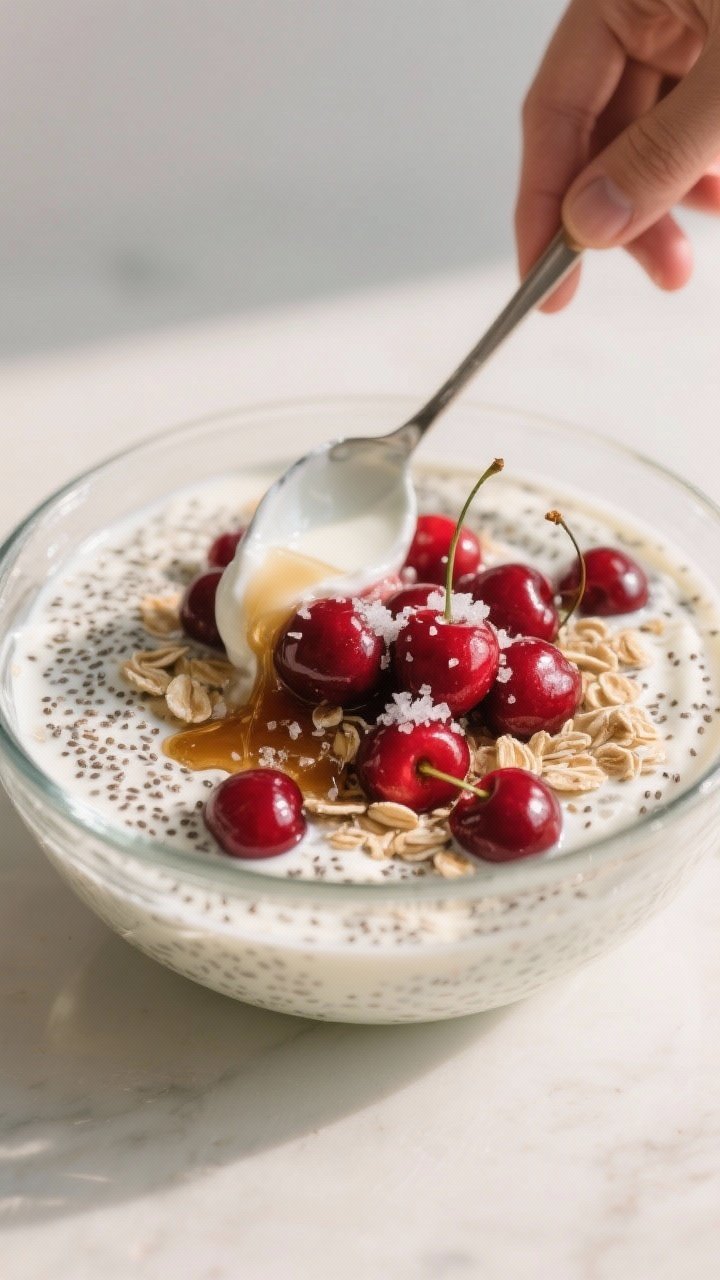 Cooking process: The “stir the base” step captured mid-action in a clear glass bowl—oats, chia
