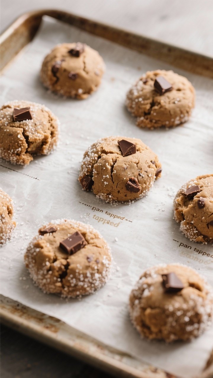 Cooking process: Tray of scooped cookie dough balls rolled in coarse sugar, immediately after baking
