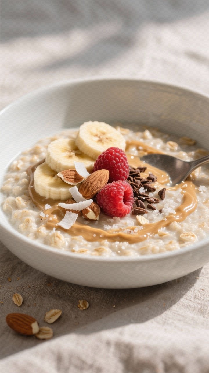 Final bowl beauty shot: Creamy coconut oatmeal spooned into a wide, matte white bowl, topped with re