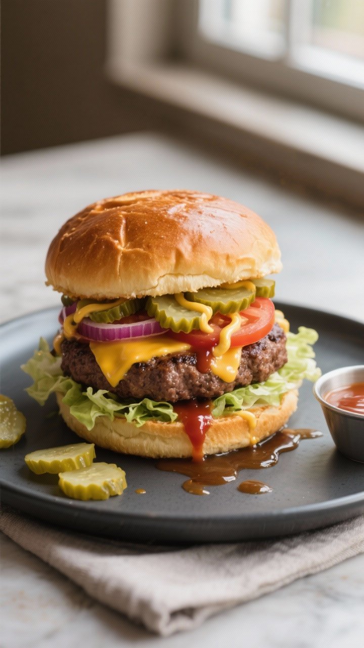 Final dish: A fully assembled juicy beef burger on a toasted brioche bun, plated on a matte charcoal