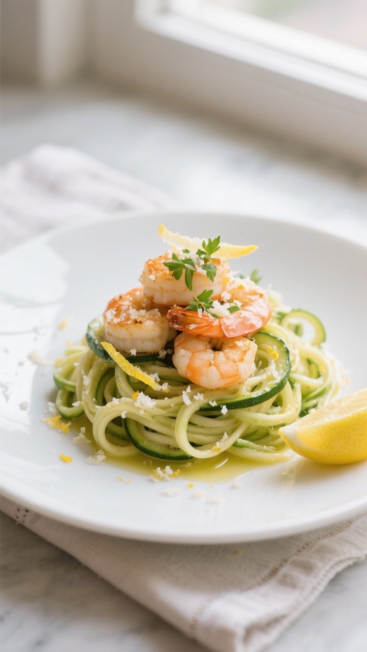 Final dish: Beautifully plated Garlic Butter Shrimp & Zucchini Noodles with Lemon Zest, arranged in 