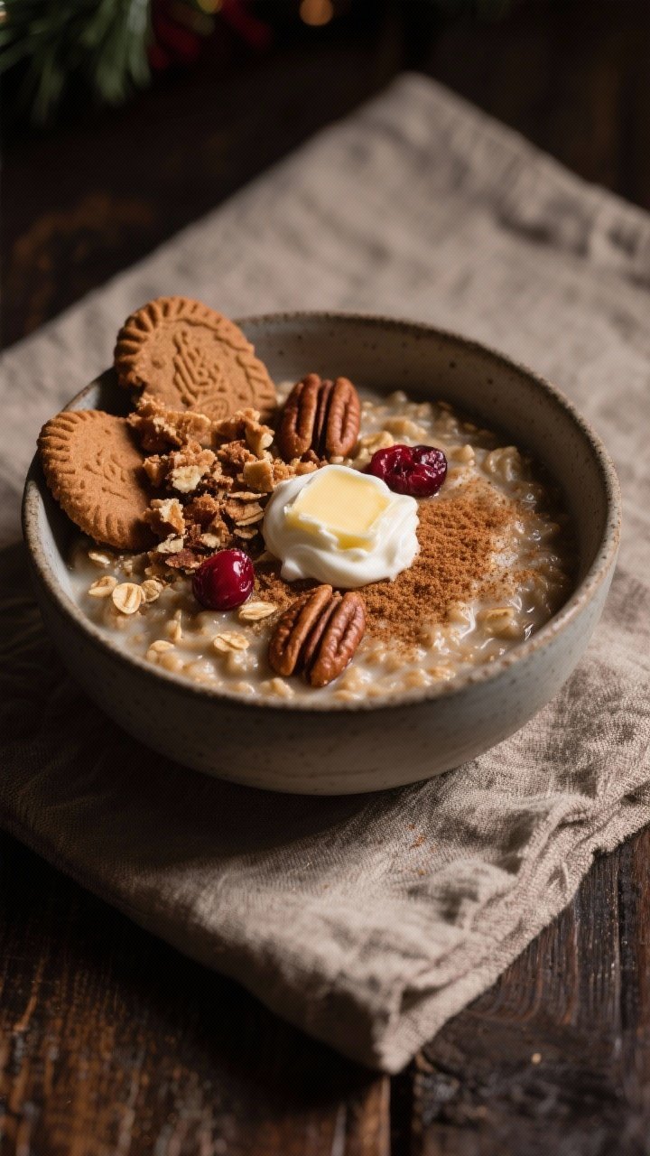Final dish beauty shot: A cozy bowl of Gingerbread Cookie Oatmeal presented in a matte stoneware bow