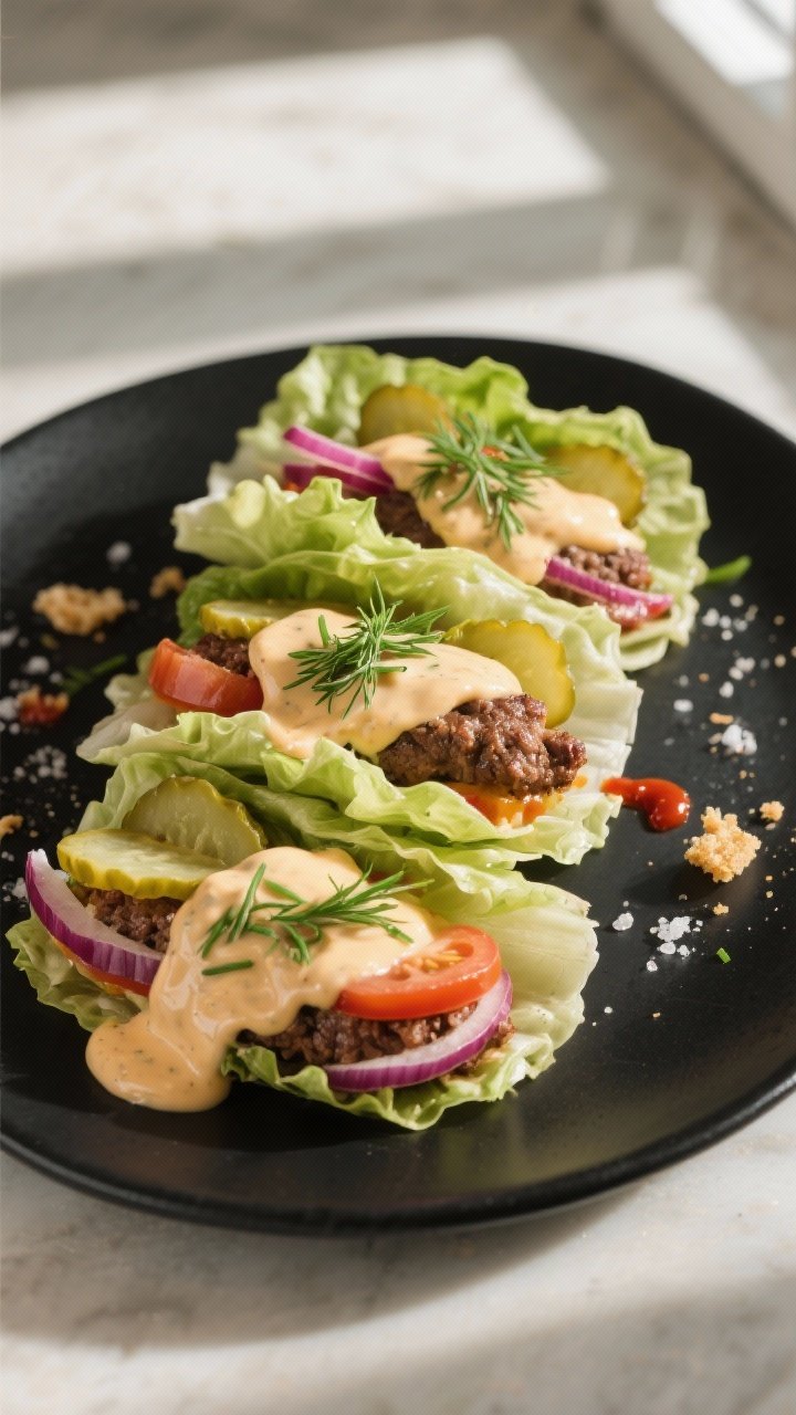 Final dish — Cheeseburger lettuce wraps assembled and ready to eat: three double-layer butter lett