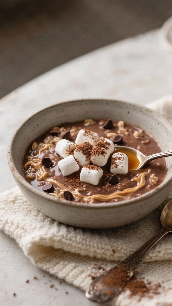 Final dish, cozy indulgent presentation: A warm bowl of Hot Cocoa Oatmeal plated in a matte stonewar