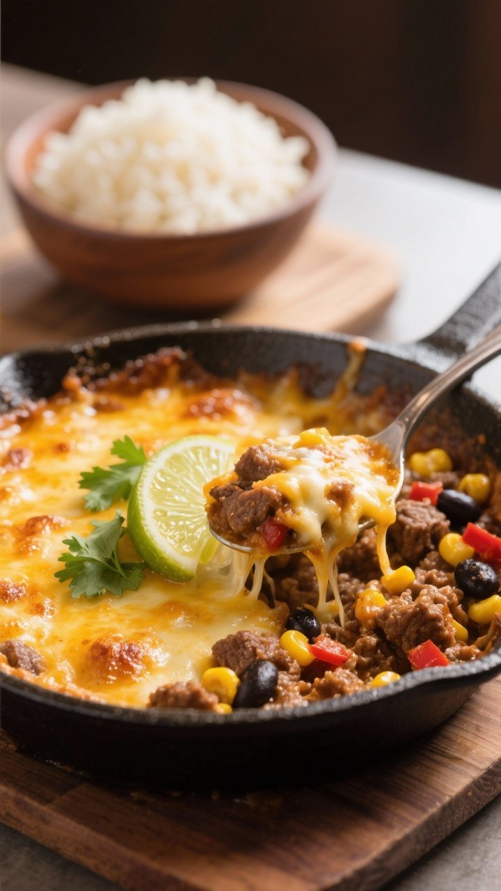 Final dish detail: Close-up of a cheesy skillet bake variation—beef mixture in a cast-iron skillet