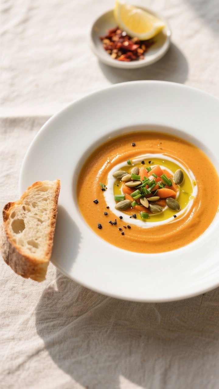 Final dish overhead: Honey-Roasted Carrot & Ginger Soup plated in a wide white bowl, glossy smooth s