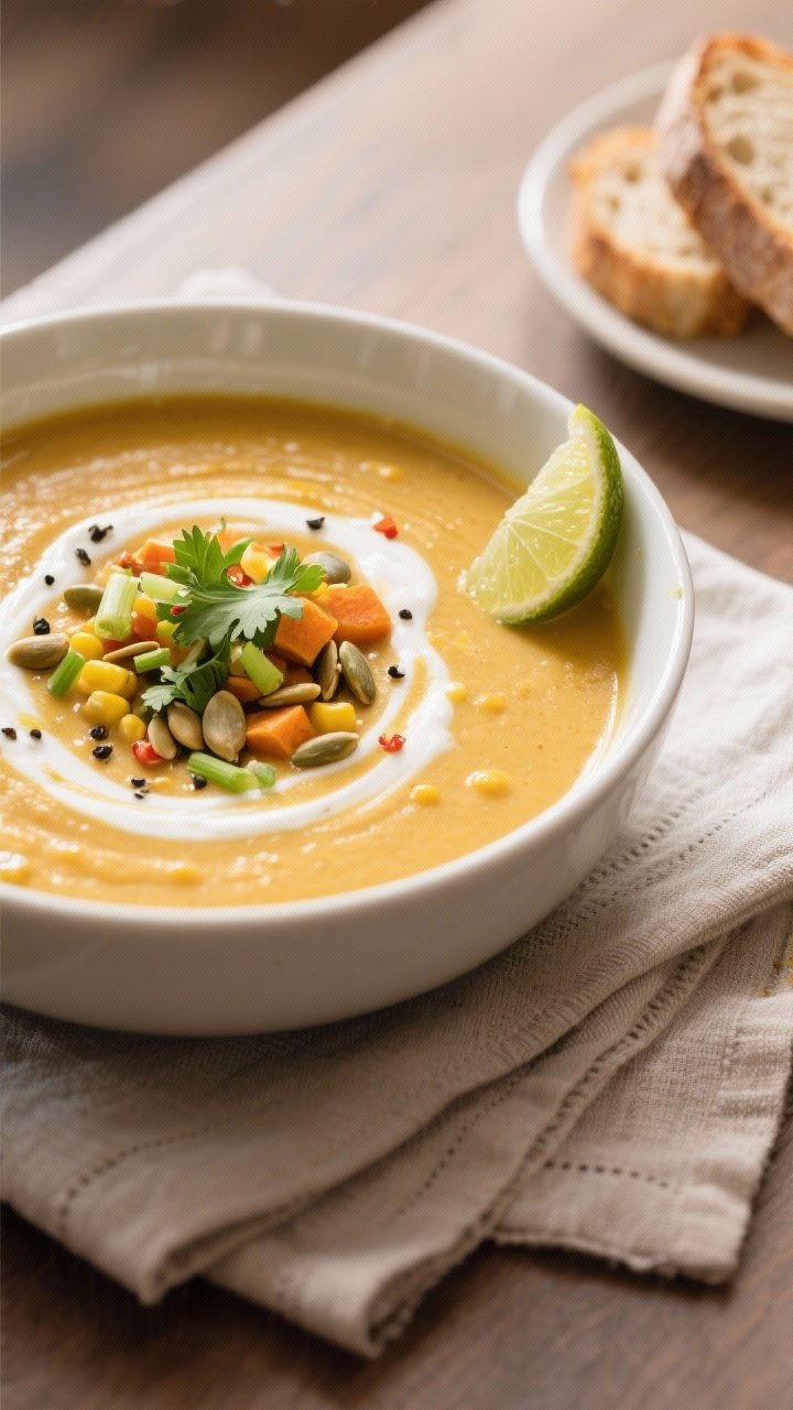 Final dish, plated beauty: Creamy Corn & Sweet Potato Soup blended ultra-smooth and velvety, poured 