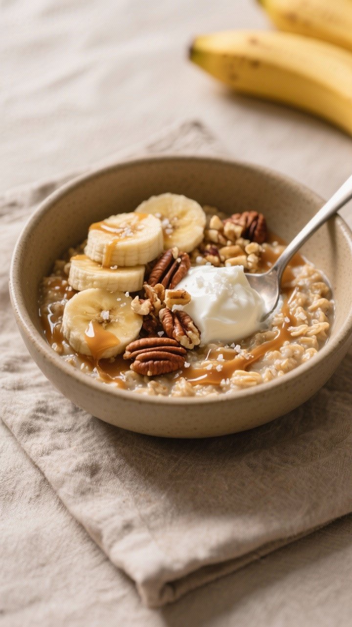 Final dish, plated beauty shot: Salted Caramel Banana Oatmeal spooned into a warm ceramic bowl, thic