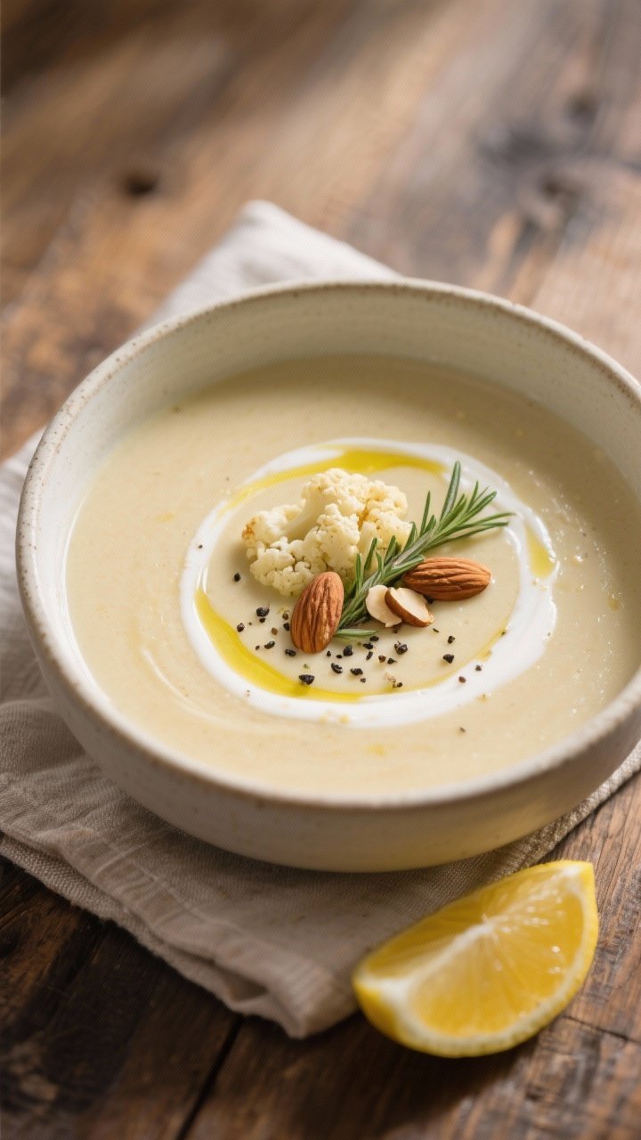 Final dish, plated bowl: Silky roasted cauliflower soup ladled into a matte off-white ceramic bowl, 