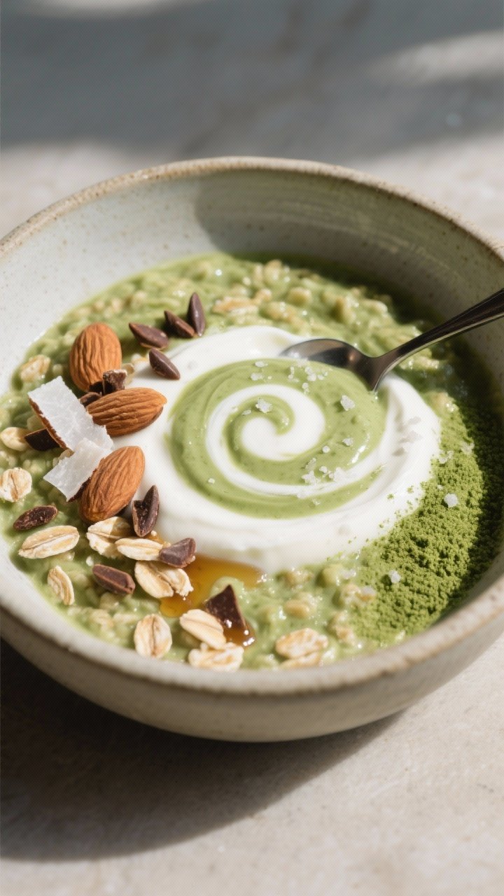 Final dish, plated elegance: Restaurant-quality presentation of Matcha Green Tea Oatmeal enriched wi