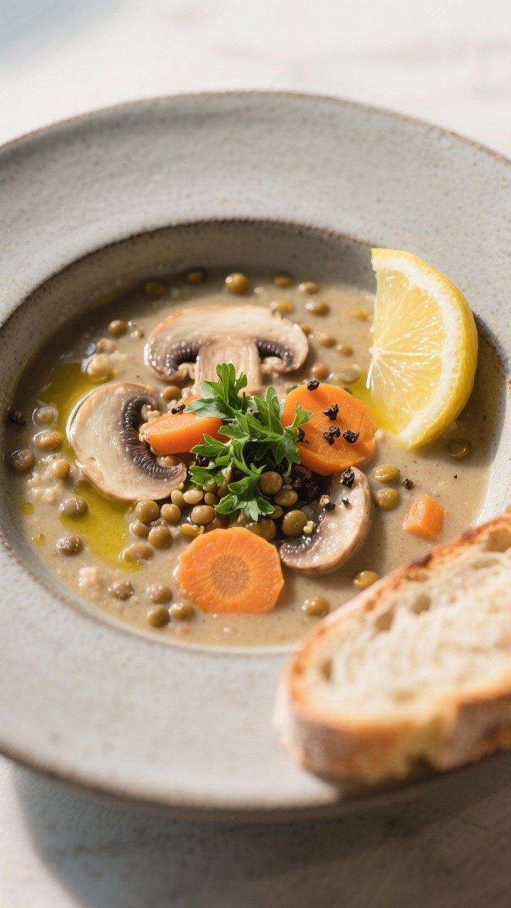 Final dish, plated presentation: A generous bowl of Mushroom, Carrot & Lentil Country Soup served ho