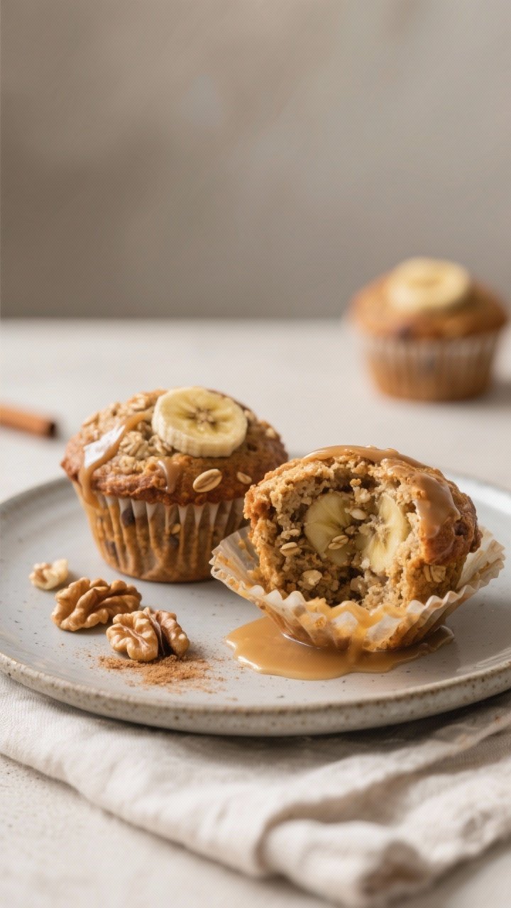 Final dish, plated presentation: Restaurant-quality plate-up of two glazed Double Banana Bran Muffin