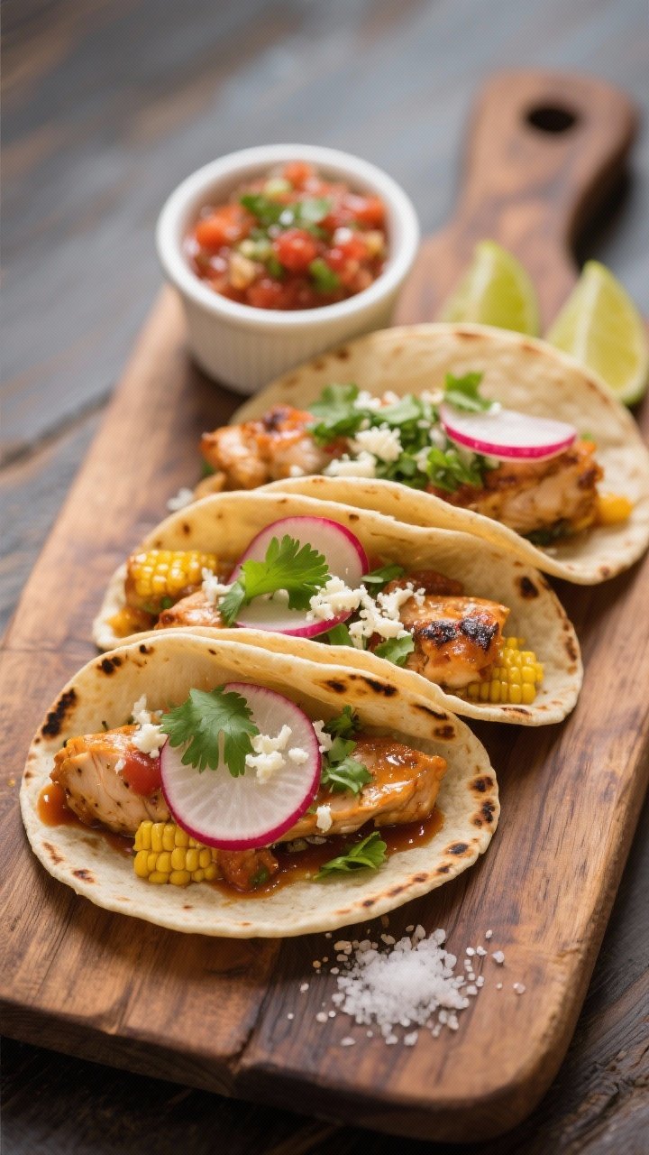 Final dish, plated tacos glamour shot: Three street-style tacos filled with juicy salsa chicken on w