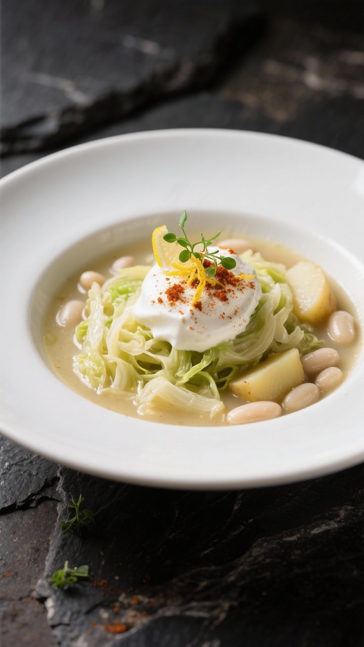 Final dish, presentation: A beautifully plated, ultra-cozy bowl of cabbage and potato soup enriched 