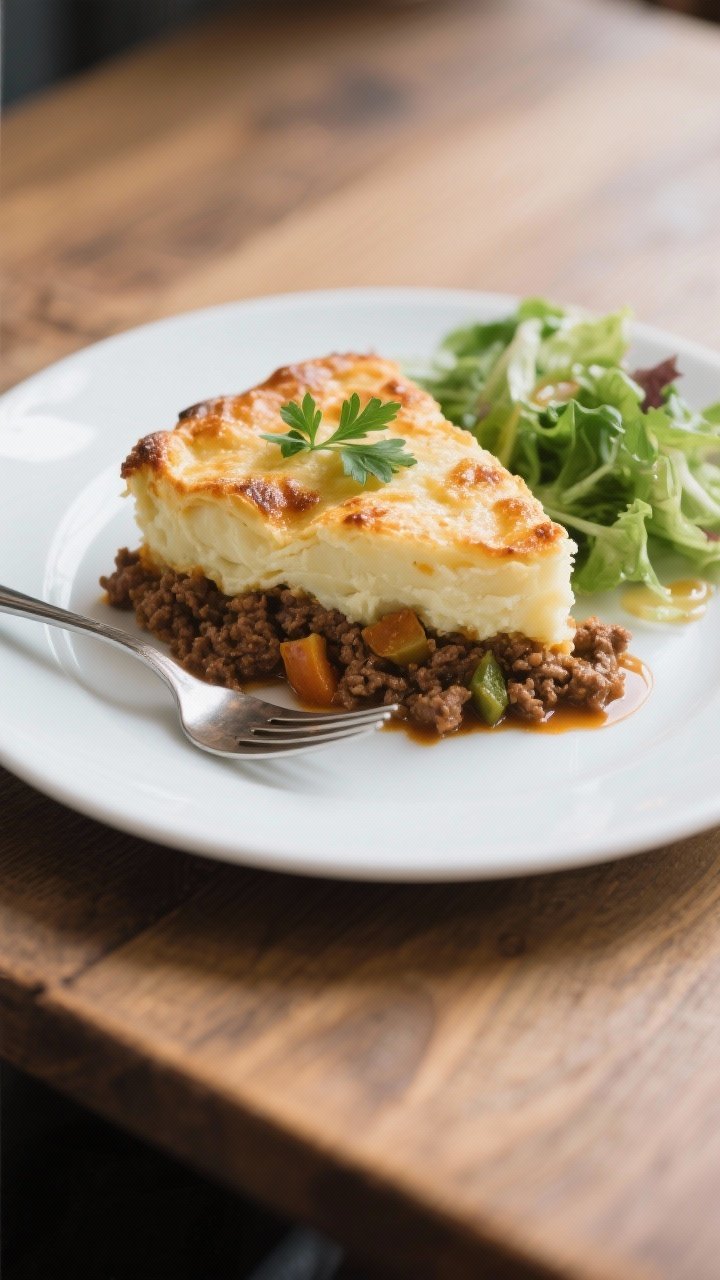 Final dish presentation: A clean slice of ground beef shepherd’s pie plated on a matte white dinne