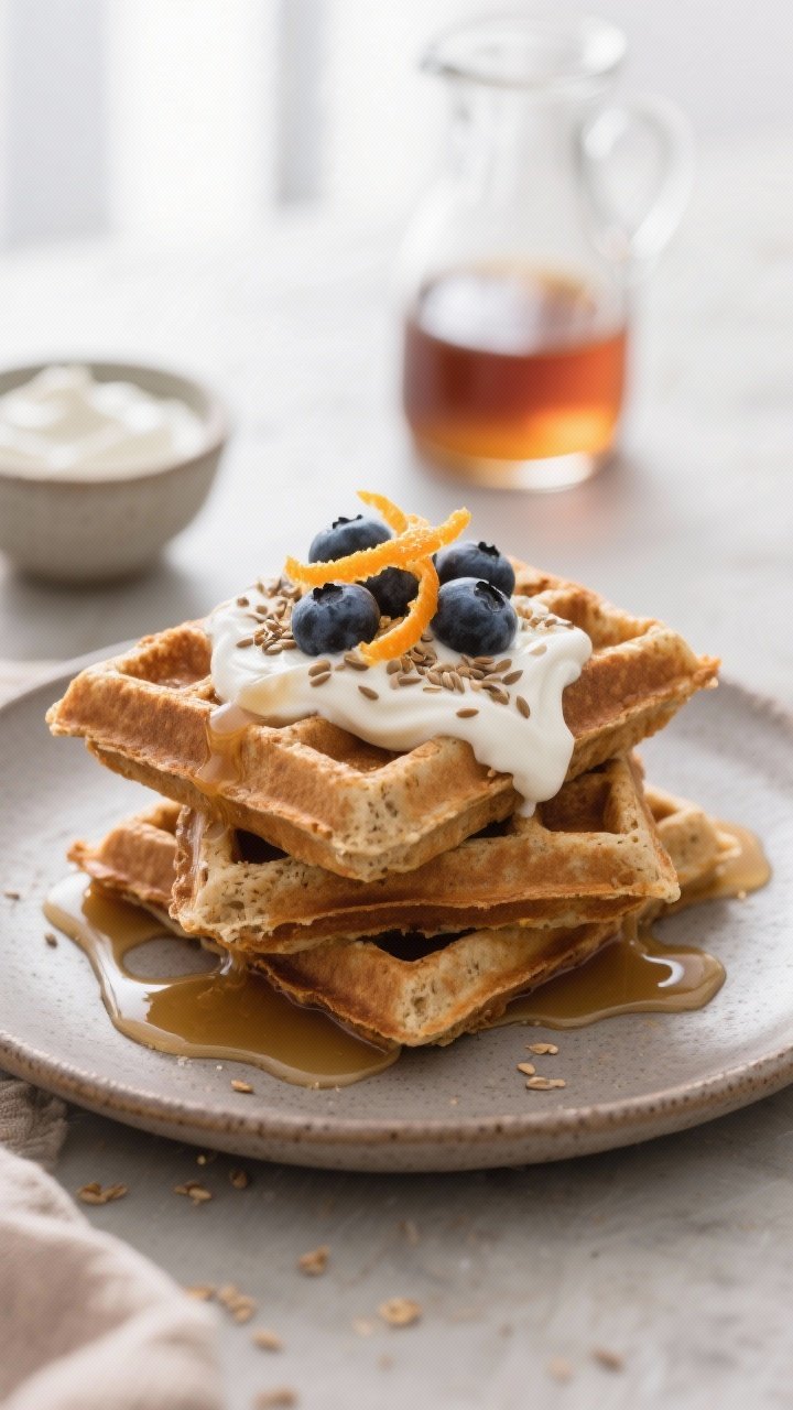 Final dish presentation: A stack of High Fiber Oat Bran Waffles on a warm grey stoneware plate, topp