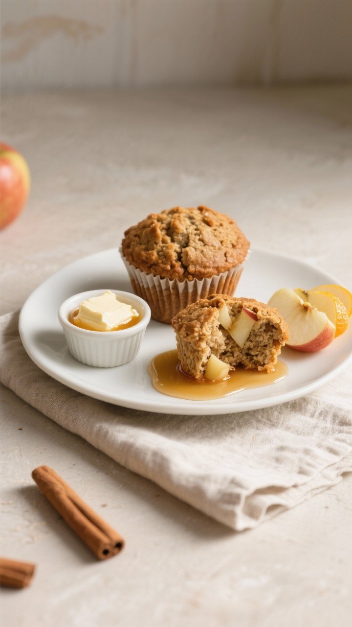 Final dish presentation: Beautiful breakfast scene featuring two apple cinnamon bran muffins on a wh