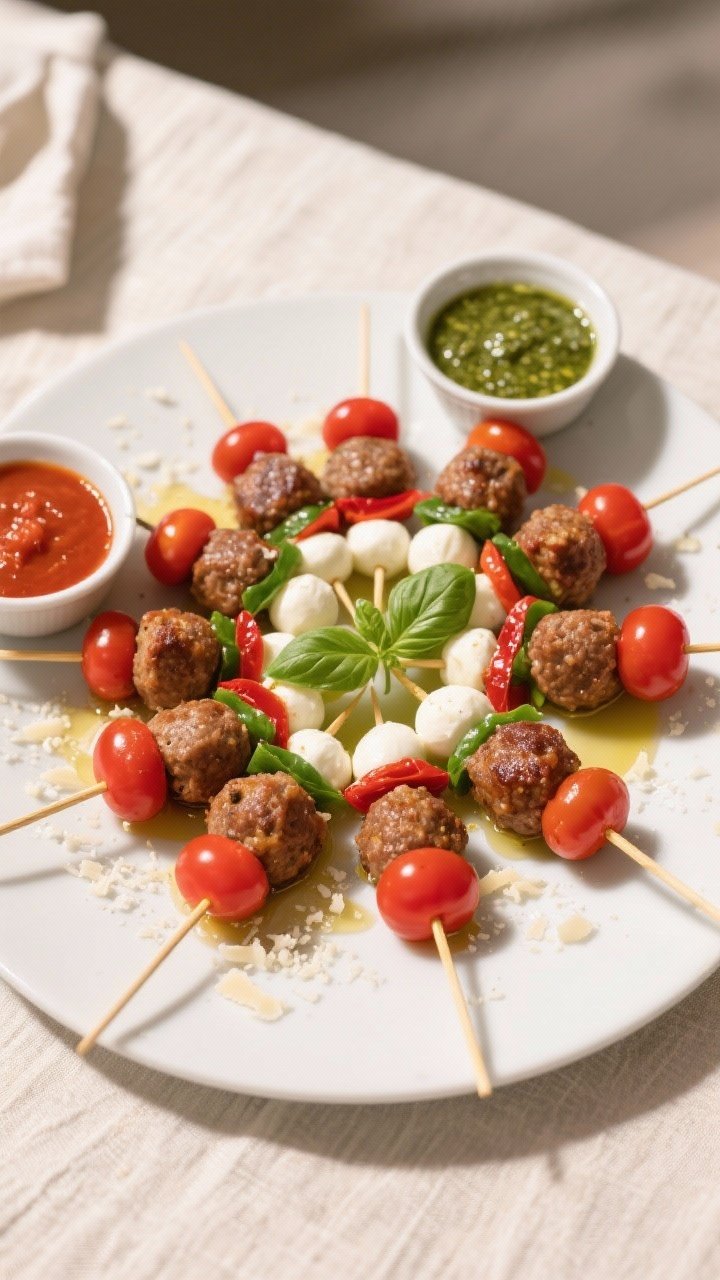 Final dish presentation: Beautiful party platter of assembled Mini Meatball Skewers—each skewer th