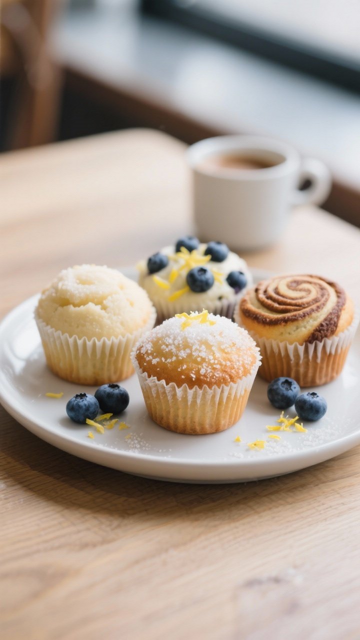 Final dish presentation: Beautifully plated bakery-style muffin trio—one classic vanilla, one blue