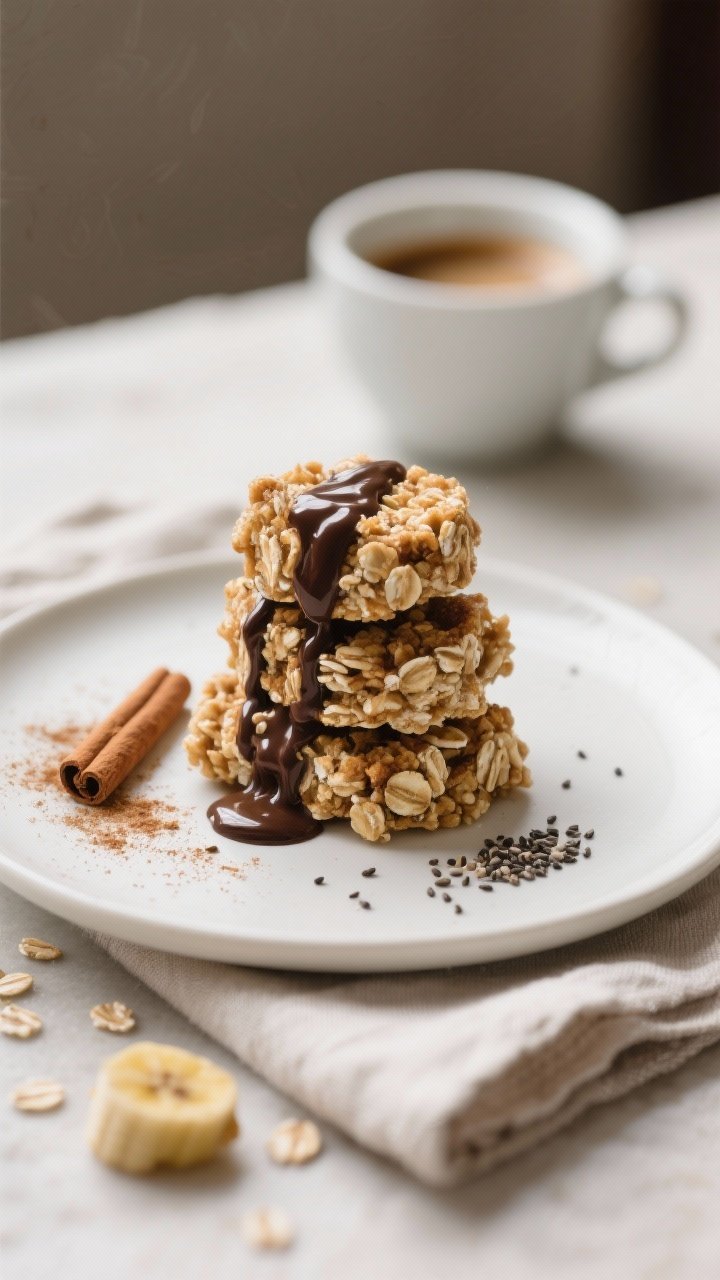 Final dish presentation: Beautifully plated Banana Oat Snack Clusters stacked casually on a matte wh