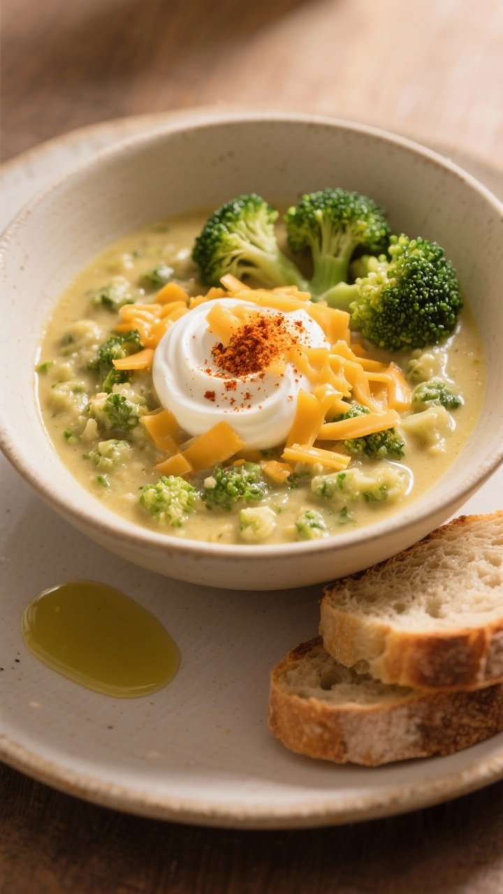 Final dish presentation: Beautifully plated bowl of chunky broccoli-cheddar soup with a dollop swirl