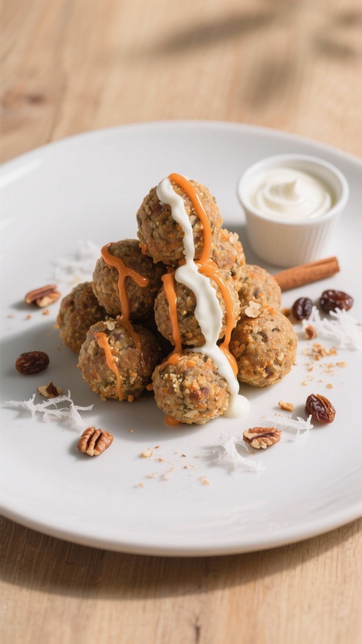 Final dish presentation: Beautifully plated carrot cake protein balls arranged pyramid-style on a ma