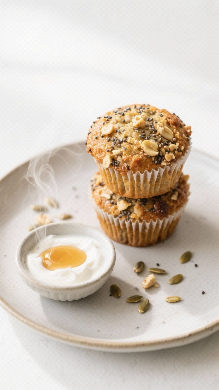 Final dish presentation: Beautifully plated Chia-Banana Crunch Muffins stacked on a matte ceramic pl