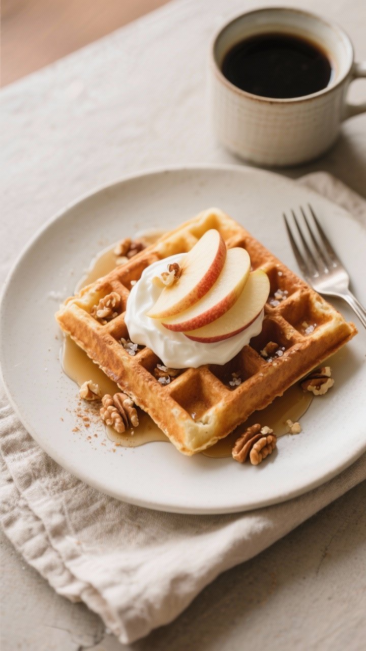 Final dish presentation: Beautifully plated High Fiber Apple Cinnamon Waffles on a matte white plate