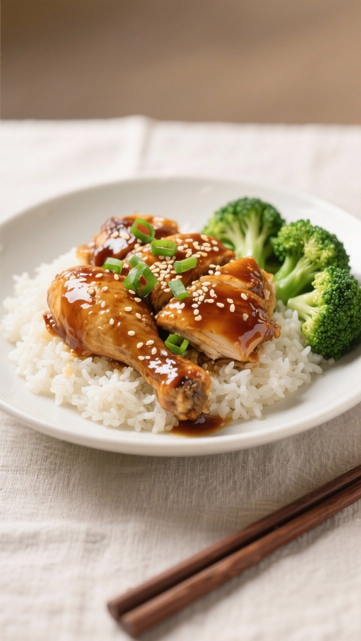 Final dish presentation: Beautifully plated Sweet & Savory Honey Garlic Chicken over fluffy steamed