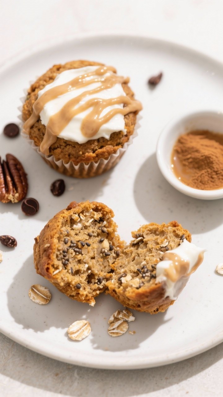 Final dish presentation: Beautifully plated Sweet Potato Oatmeal Muffins on a matte white plate with