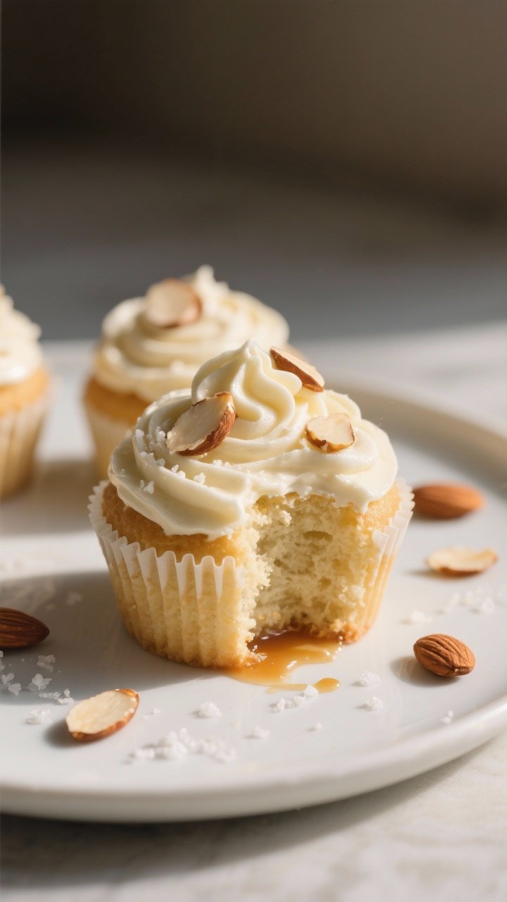 Final dish presentation: Beautifully plated vanilla almond protein cupcakes cooled and frosted with 