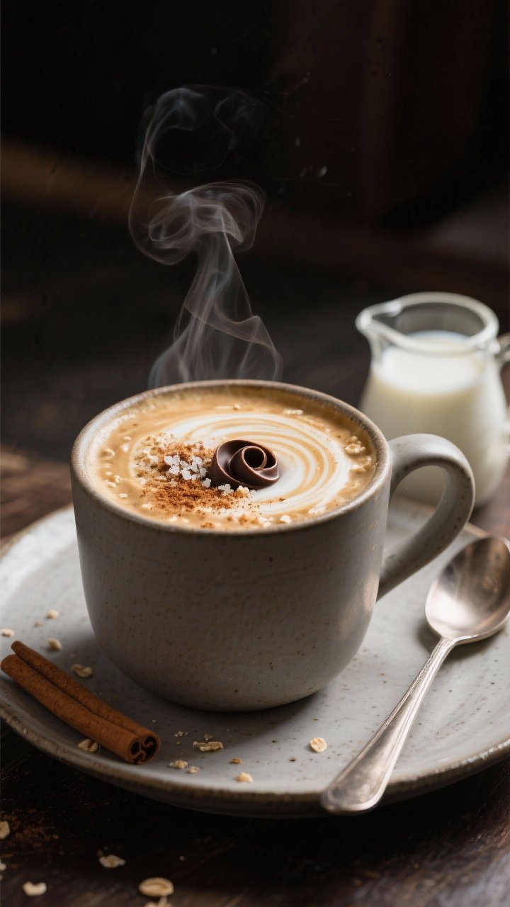 Final dish presentation: Beautifully plated warm Vanilla Latte Overnight Oats served in a matte cera