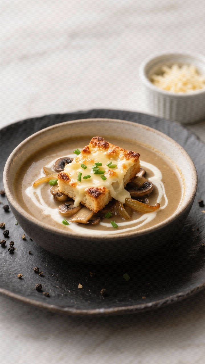 Final dish presentation: Bistro-style bowl of caramelized onion and mushroom soup topped with a broi