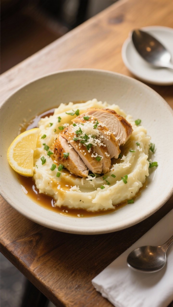 Final dish presentation: Creamy Parmesan garlic mashed potato bowl topped with juicy sliced chicken 