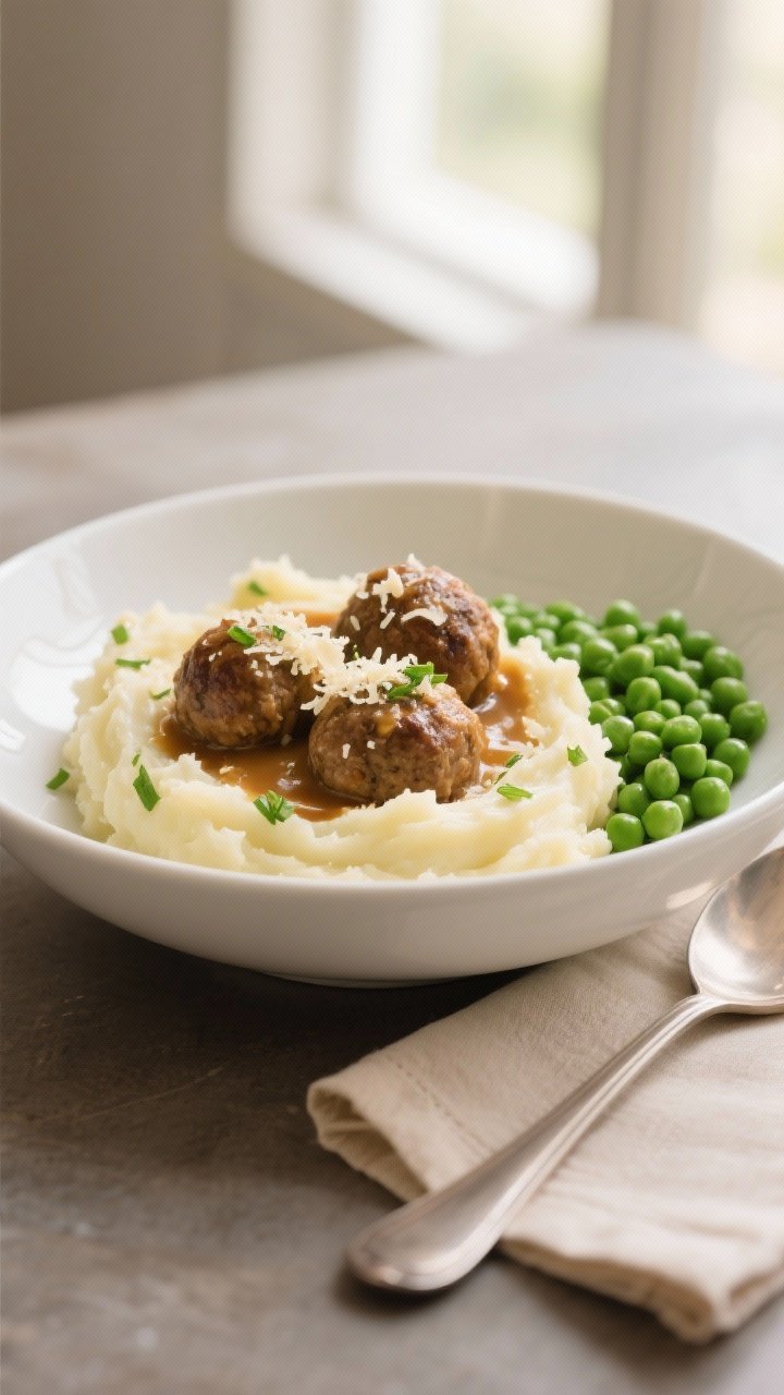 Final dish presentation: Creamy Parmesan mashed potatoes swooped into a wide, shallow white bowl, to