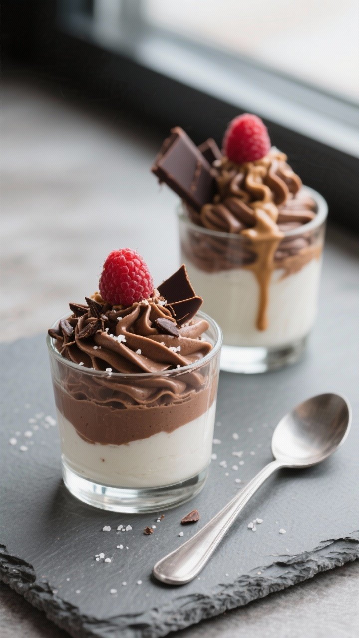 Final dish presentation: Elegantly plated High Protein Chocolate Greek Yogurt Mousse piped into clea