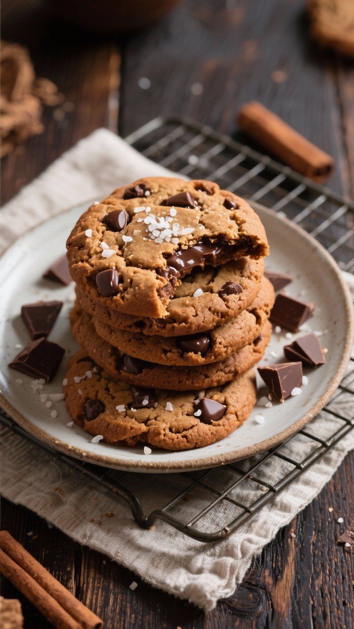 Final dish presentation: Overhead hero shot of a rustic plate piled with gingerbread chocolate chip 