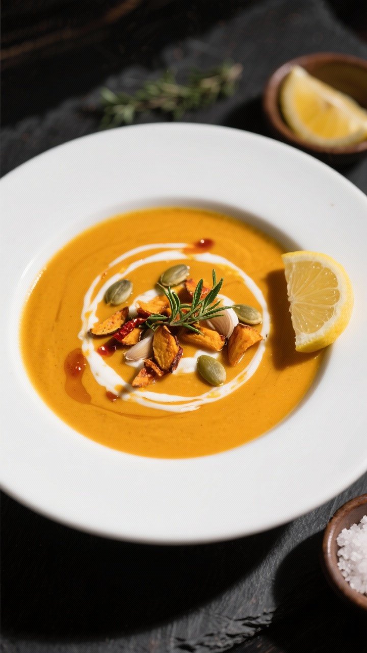 Final dish presentation: Restaurant-quality bowl of Roasted Butternut Squash Soup with Garlic & Thym