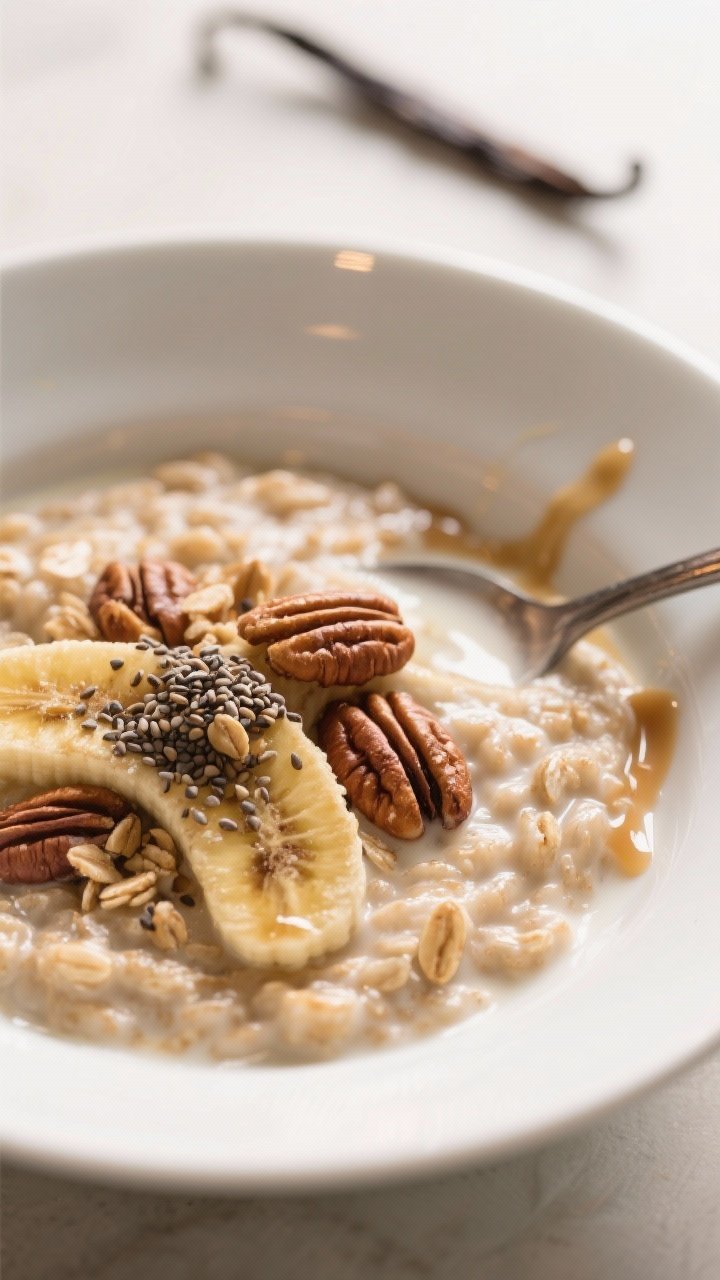 Final dish presentation: Restaurant-quality bowl of Caramelized Banana Cinnamon Oatmeal with ultra-c
