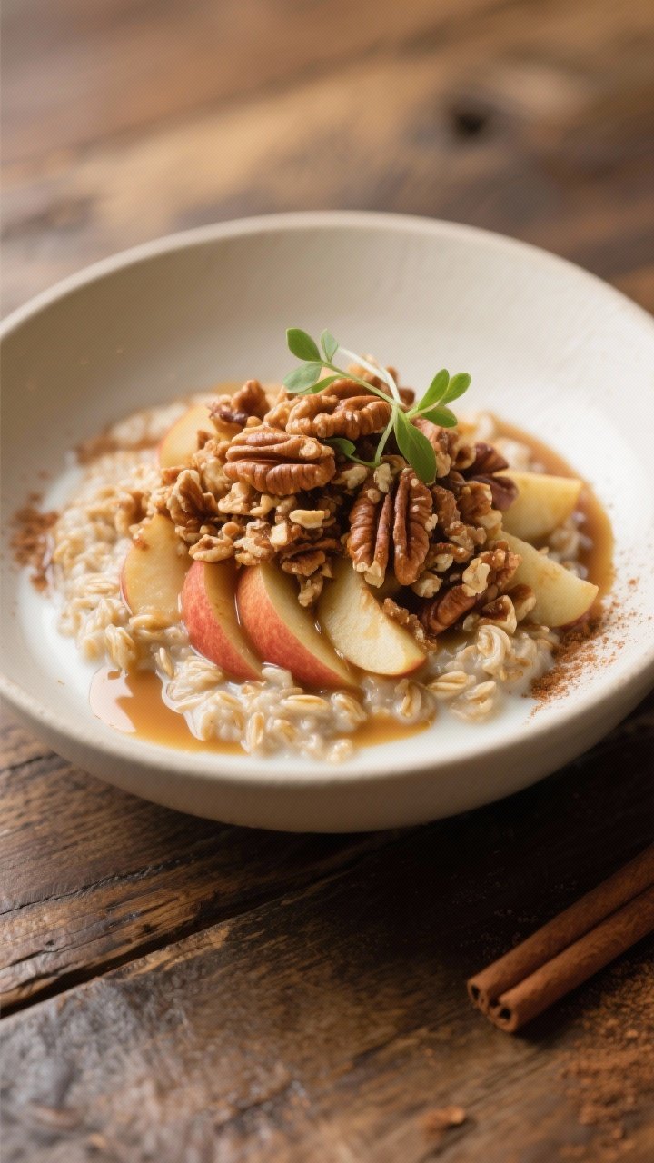 Final dish presentation: Restaurant-quality bowl of Apple Pie Steel-Cut Oats plated for serving—cr