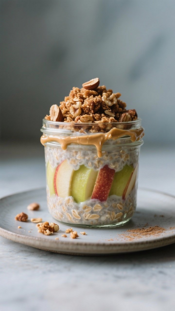 Final dish presentation: Restaurant-quality hero shot of the finished Apple Crisp Overnight Oats ser