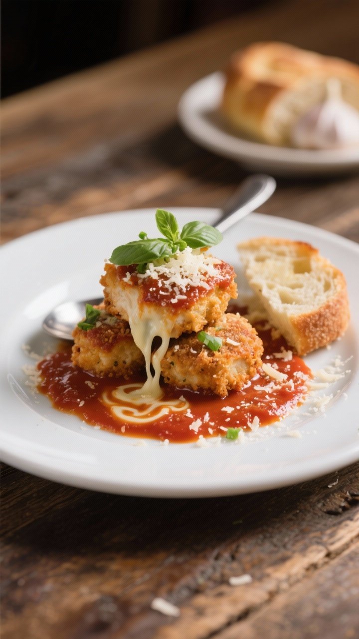 Final dish presentation: Restaurant-quality plate of Chicken Parmesan bites stacked in the center wi