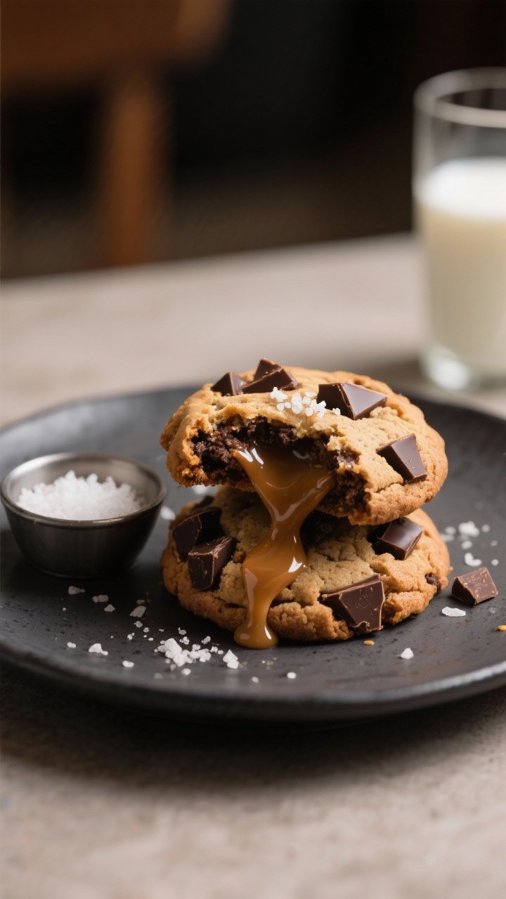 Final dish presentation: Restaurant-quality plate of two stacked salted caramel chocolate chunk cook