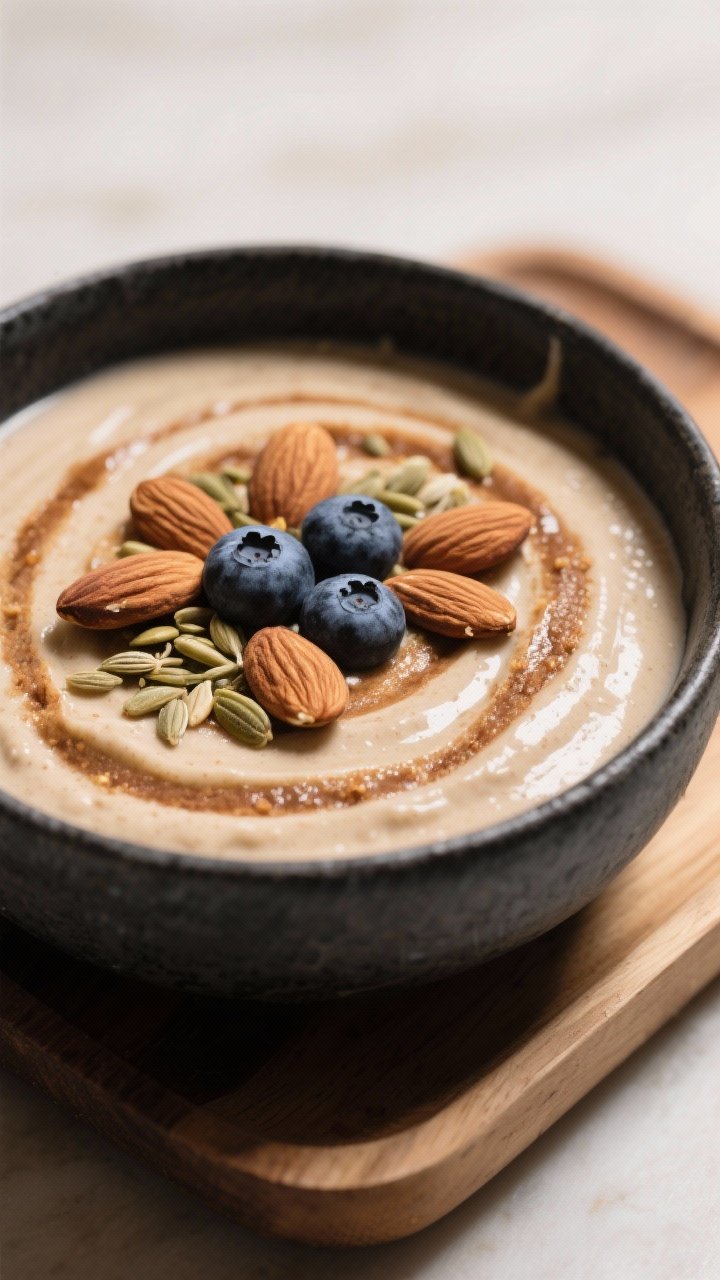 Final dish presentation: Restaurant-quality plated smoothie bowl styled like “banana bread meets c